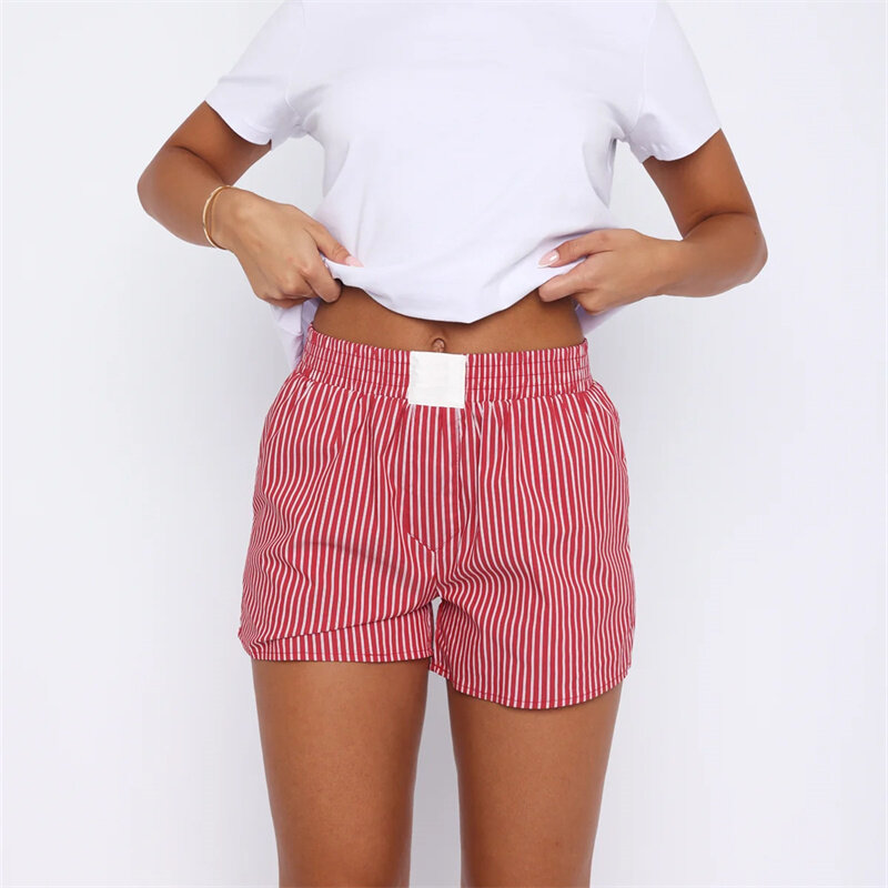 Shorts de pijama listrado vintage feminino, cintura alta elástica, calça curta solta, casual, moda verão, Y2K
