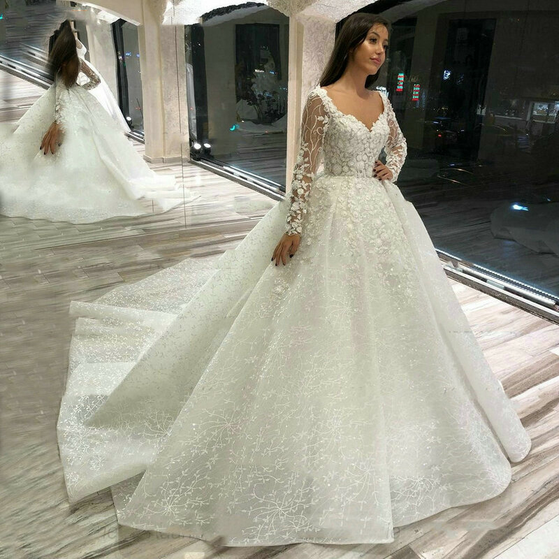 Elegant white Arab Dubai bridal dress square collar long sleeve lace applique wedding dress sweep train wedding dress