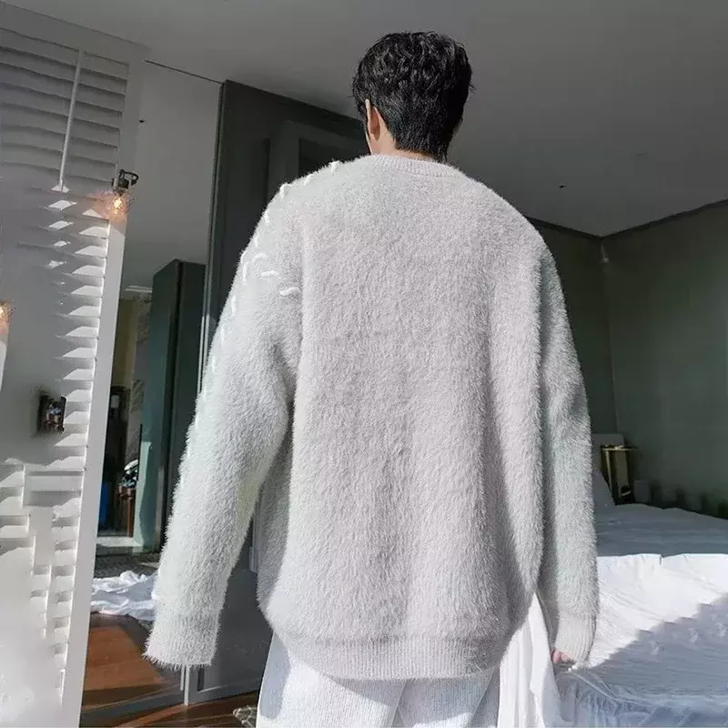 HOUZHOU-suéteres de lana de manga larga para hombre, ropa de calle de punto cálida, gruesa coreana, suelta, informal, Mohair, Otoño e Invierno
