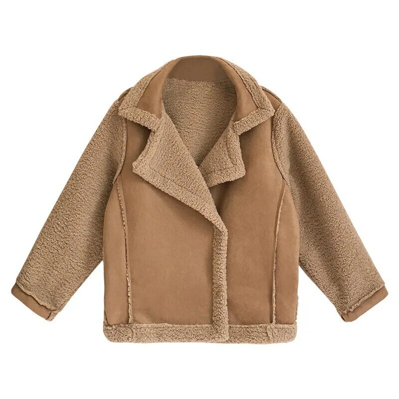 Lamb wool solid color jacket for women 2023 new Korean version loose BF style fur integrated plush motorcycle jacket top trend