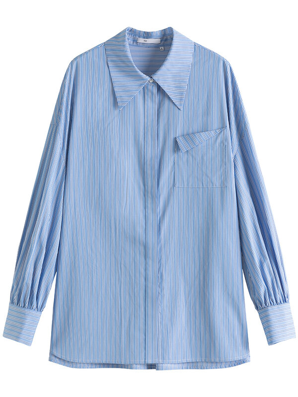FSLE Oversized Blue Striped Casual Blouse Shirt Women Streetwear Elegant Button Up Shirt Female Long Sleeve Spring Top