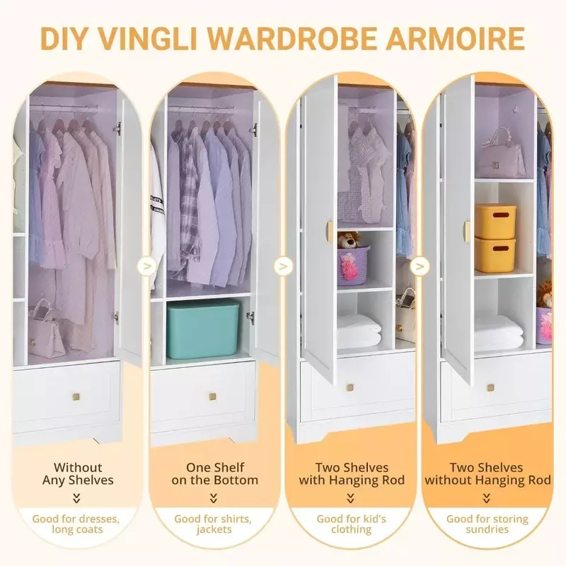 Wardrobe Closet, White Armoire Wardrobe with Hanging Rod, Shelves and Drawer, Freestanding Closet Wardrobe Cabinet