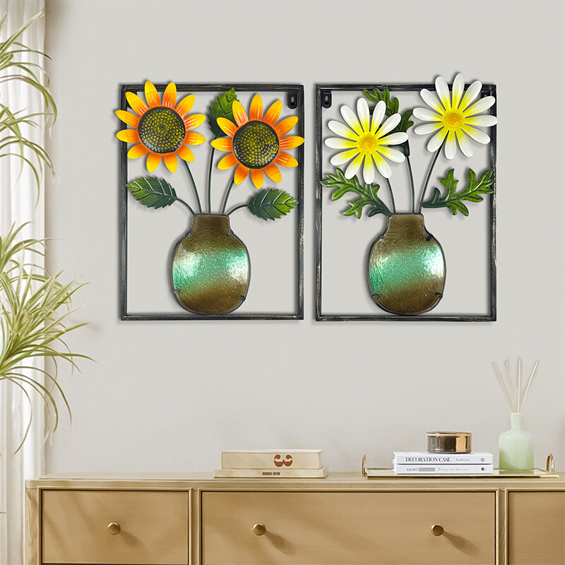 LIFFY-금속 꽃 벽 장식, 현대 금속 꽃 벽 예술 조각 해바라기 벽 장식, 실내 거실 침실, 2 팩