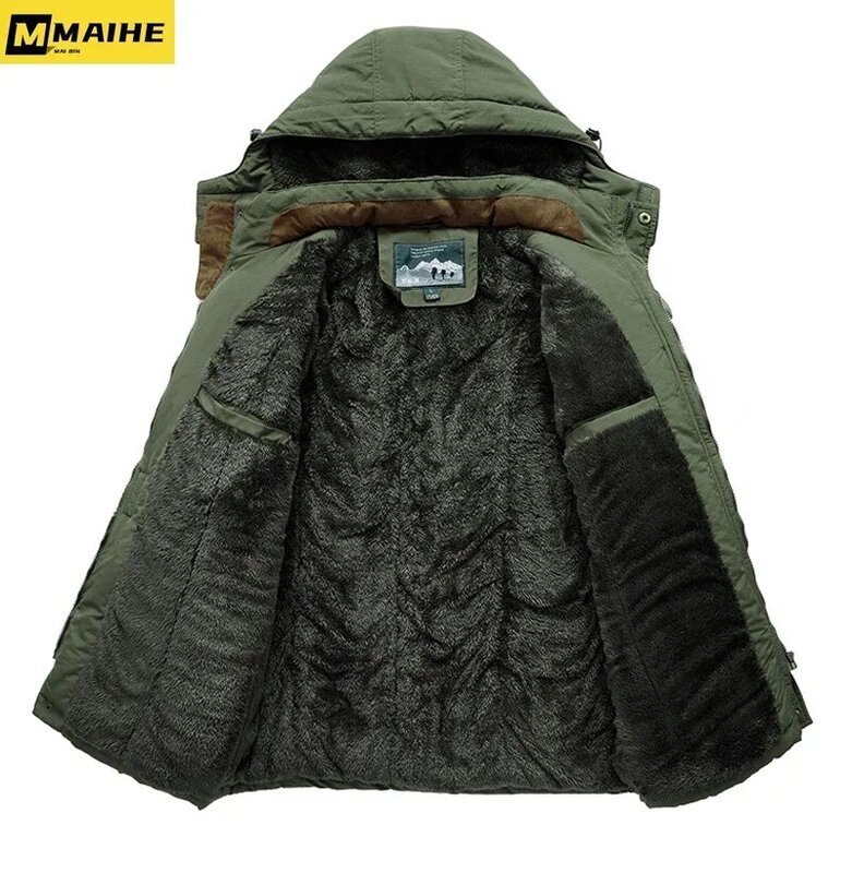Зимняя мужская куртка 2024, Зимняя Толстая теплая парка с флисовой подкладкой, ветрозащитная тактическая Мужская куртка с капюшоном для кемпинга