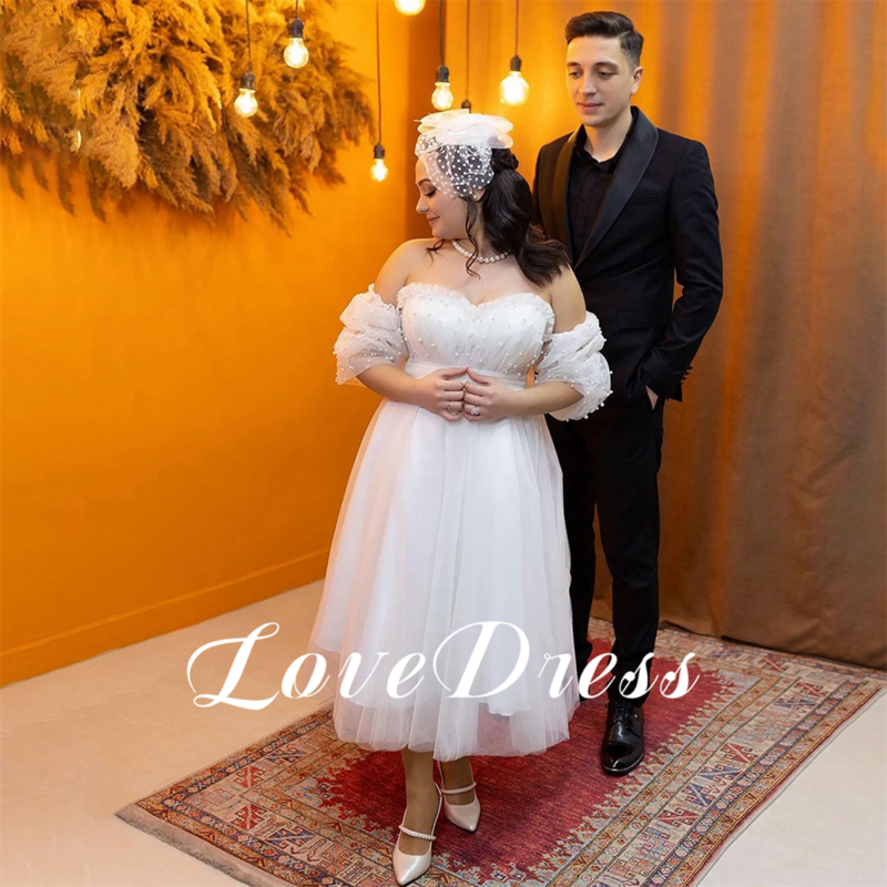 LoveDress Elegant Pearls Tulle Wedding Dresses Off The Shoulder Bride Gowns Sweetheart Laceup Removable Sleeve Tea Length Vesido