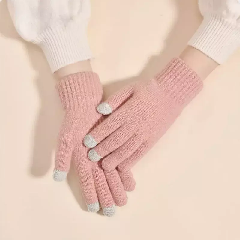 Modne zimowe ciepłe rękawiczki wielowydajne sporty outdoorowe o wysokiej elastyczności puszyste rękawiczki na nadgarstki jednolity kolor rękawiczki z dzianiny dla kobiet