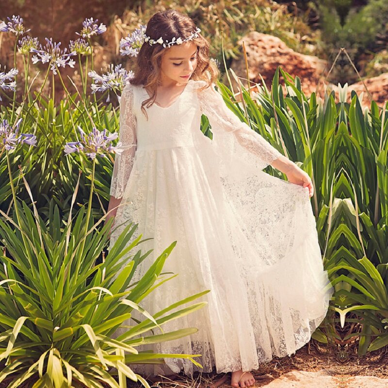 女の子のための長袖の花柄のドレス,花嫁介添人のための白いボールガウン,結婚式のための