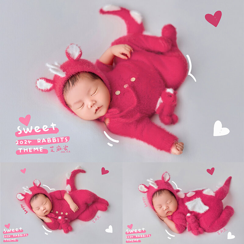 Neugeborene Fotografie Outfit rosa pelzigen Dinosaurier Kostüm Set Drachen Jahr posiert Hintergrund Requisiten Studio Shooting Foto Zubehör