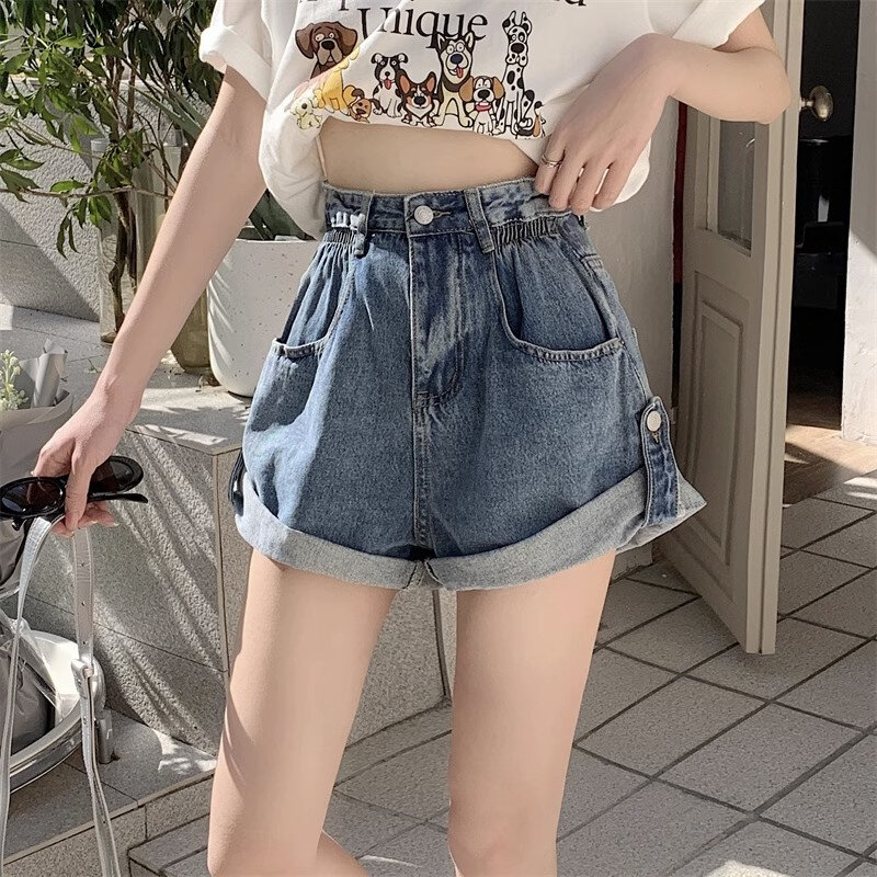 Denim shorts female summer new design sense rolled edge a word loose loose hundred cover crotch thin wide leg hot trousers