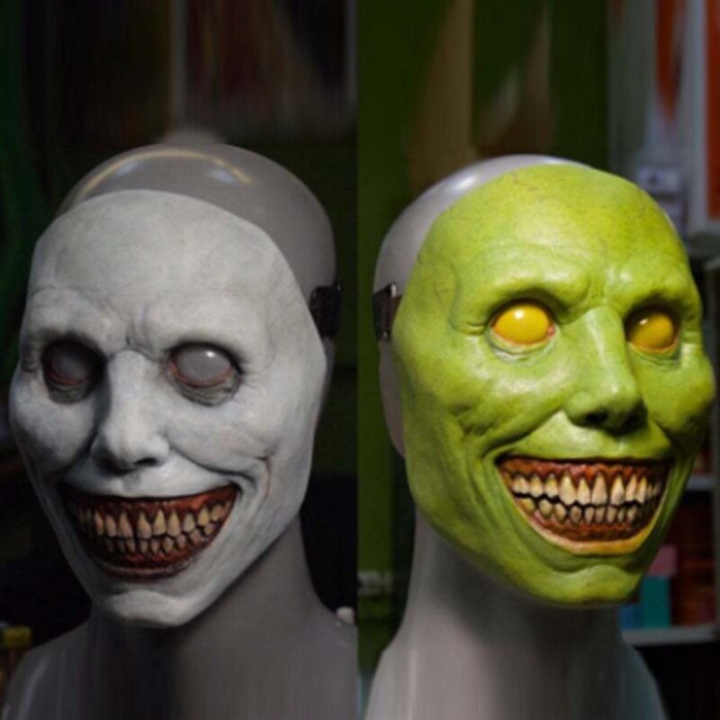 Smiling Exorcist wajah putih mata wajah menakutkan dengan jahat Cosplay alat peraga pesta topeng Halloween aksesori kostum