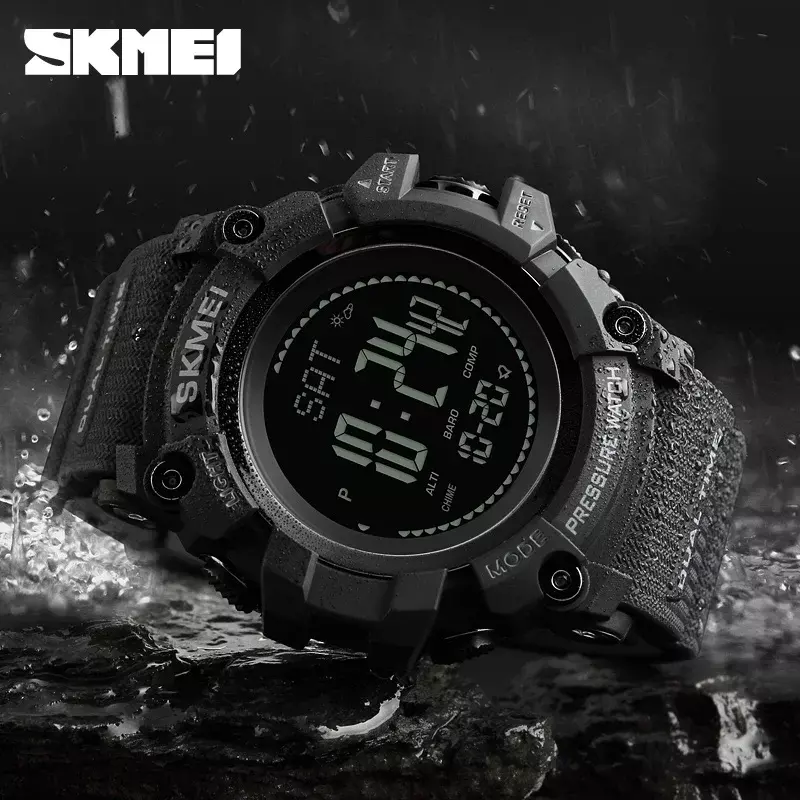 SKMEI นาฬิกาข้อมือดิจิตอลสำหรับผู้ชาย, อุปกรณ์ติดตามสภาพอากาศวัดระดับความสูงได้กันน้ำ1358