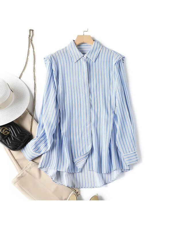 SuyaDream-camisas a rayas para mujer, blusas de manga larga con volantes de seda pura 100%, ropa elegante azul para primavera y otoño, 2022