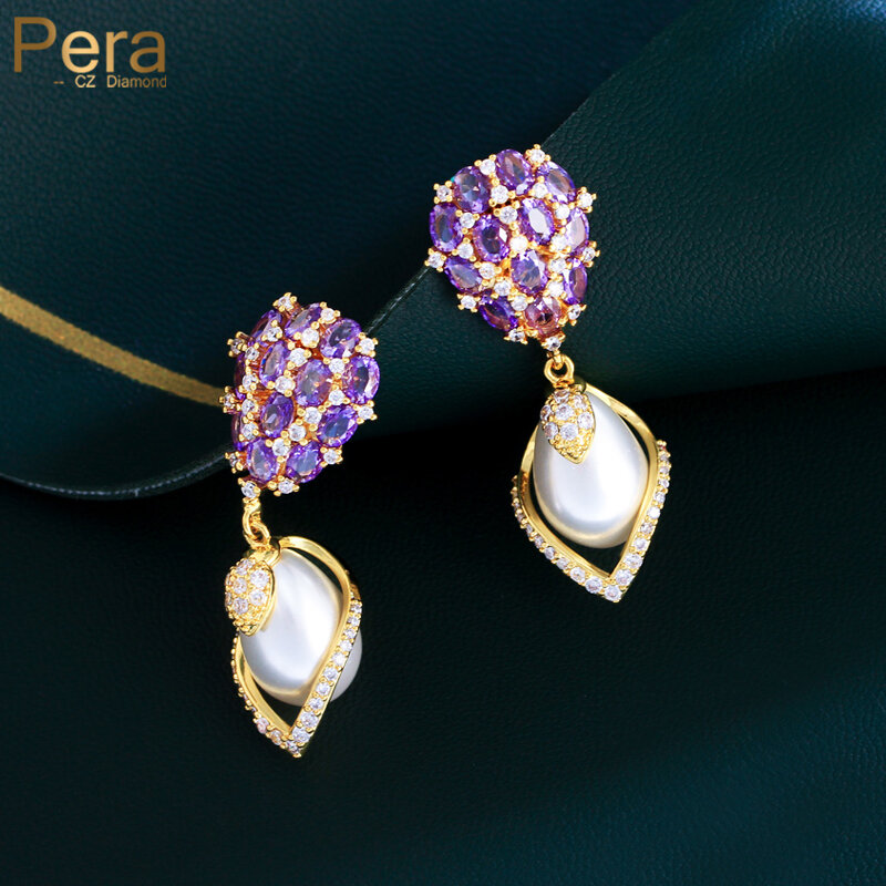 Pera Noble Purple Cubic Zirconia Inlaid Gold Color Long Dangly Pearl Drop Earrings Wedding Banquet Dress Jewelry for Women E0018