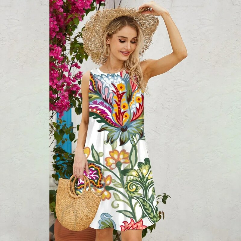 Pellis Printed Round Neck Sleeveless Vest Fashion Dress Spring And Summer Casual Vacation Beach Romantic Sleeveless Vest Dress