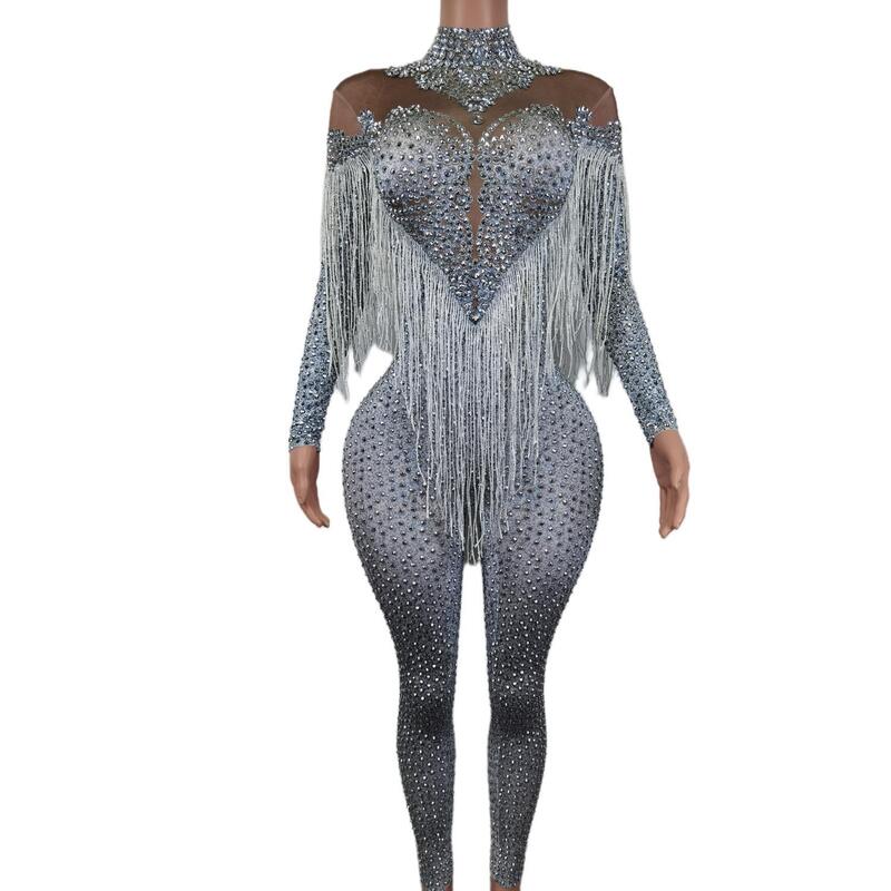 Shinny kristal Jumpsuit perak cerah berlian imitasi rumbai Bodysuit wanita merayakan mewah kostum peregangan Jumpsuit Yiwan