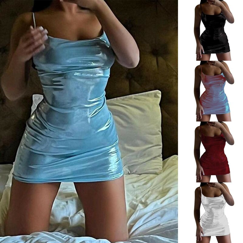 Elegante vestido de festa feminino, cinta esparguete, sem costas, purpurina, cintilante, ruched, mini vestidos de verão, coquetel, noite, mulheres, 2022