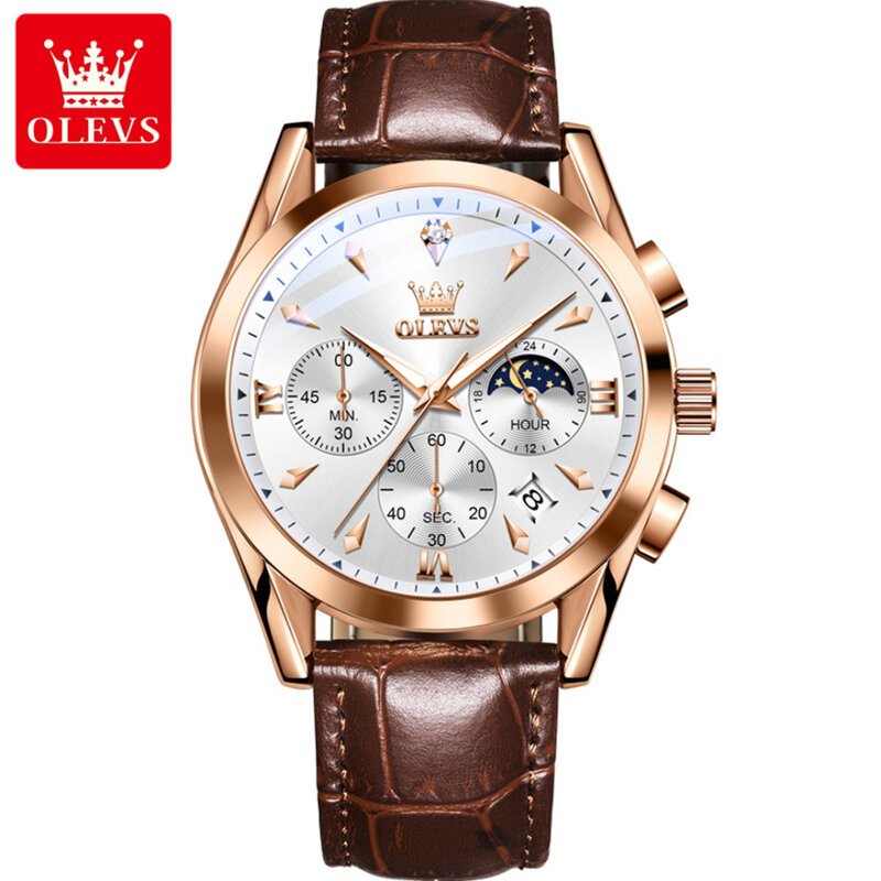 OLEVS 3609 Quartz Fashion Watch Gift Round-dial Leather Watchband Calendar Small second
