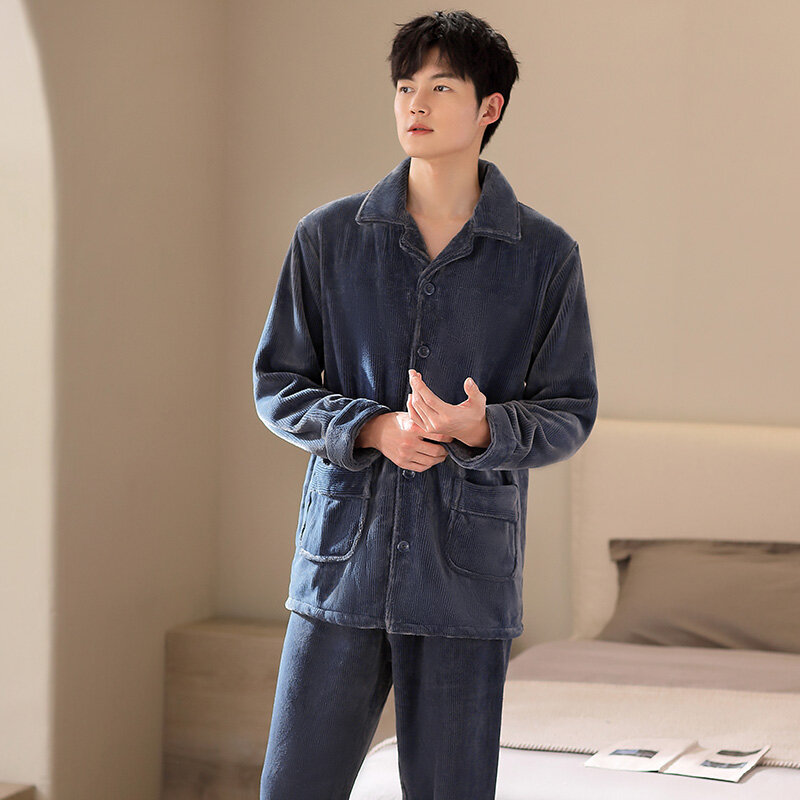 Men's Autumn And Winter Thick Flannel Pajamas Sets Long Sleeve Fashion Style Solid Warm Sleepwear Big Yards M-3XL Pijamas Hombre