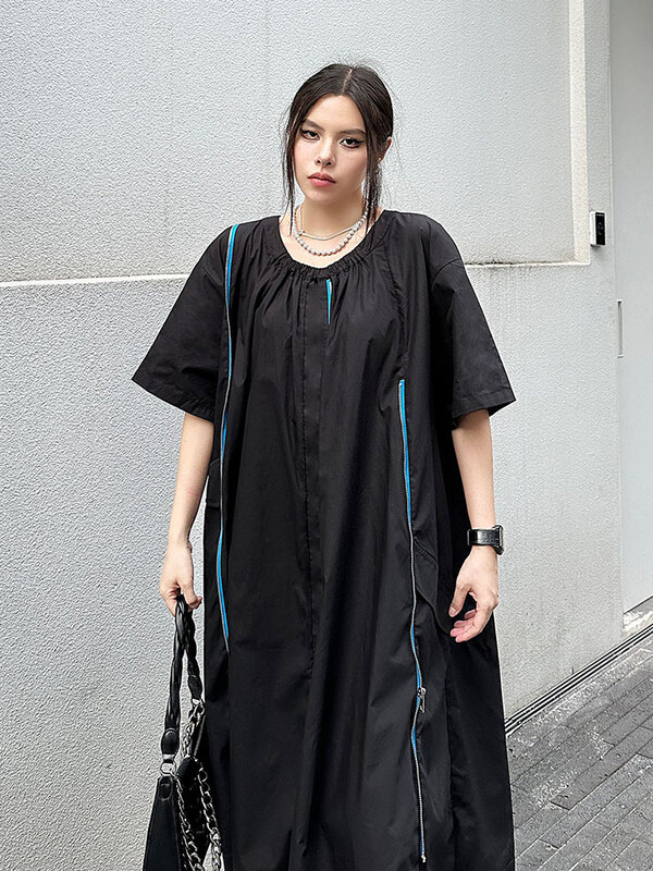 XITAO Simplicity Casual Dress Fashion Personality Zipper Splicing O-neck Collar Pullover Dress 2024 Summer New Dress ZY8683
