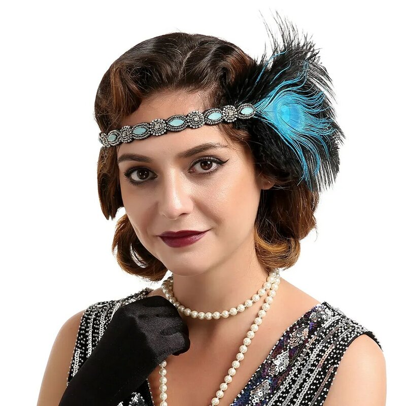 1920s Flapper Headbands Great Gatsby Rhinestone Headpiece with Peacock Feather Jewel Hair Accessories Showgirl Headpiece