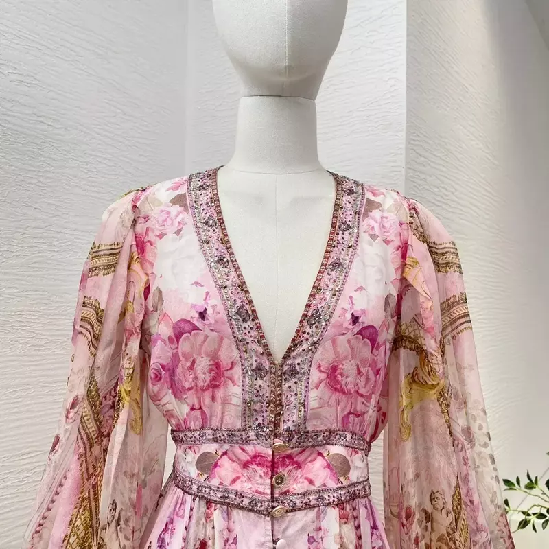 Женское мини-платье с длинным рукавом-фонариком, розовое шелковое платье с винтажным цветочным принтом и стразами, весна-лето 2024