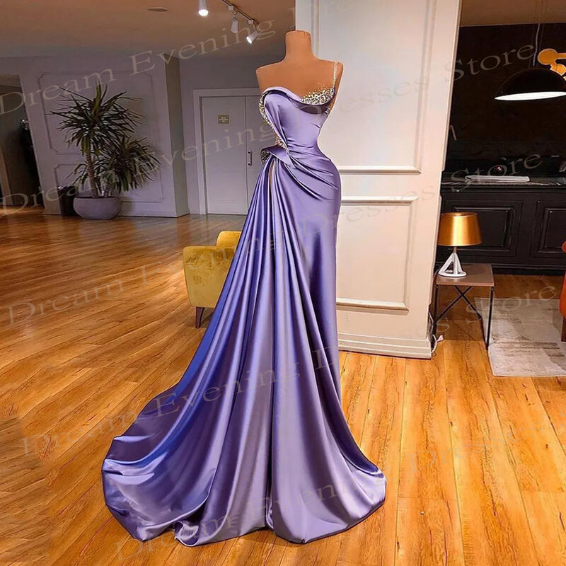 Gaun malam menawan putri duyung ungu murah gaun Prom tanpa lengan Satin Ruched dengan jubah manik-manik