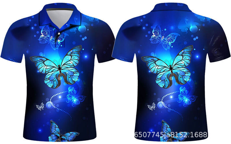 Ícone 3D dos homens de manga curta impresso camisa polo, camiseta padrão borboleta, tops da moda, camisetas de alta qualidade, roupas masculinas