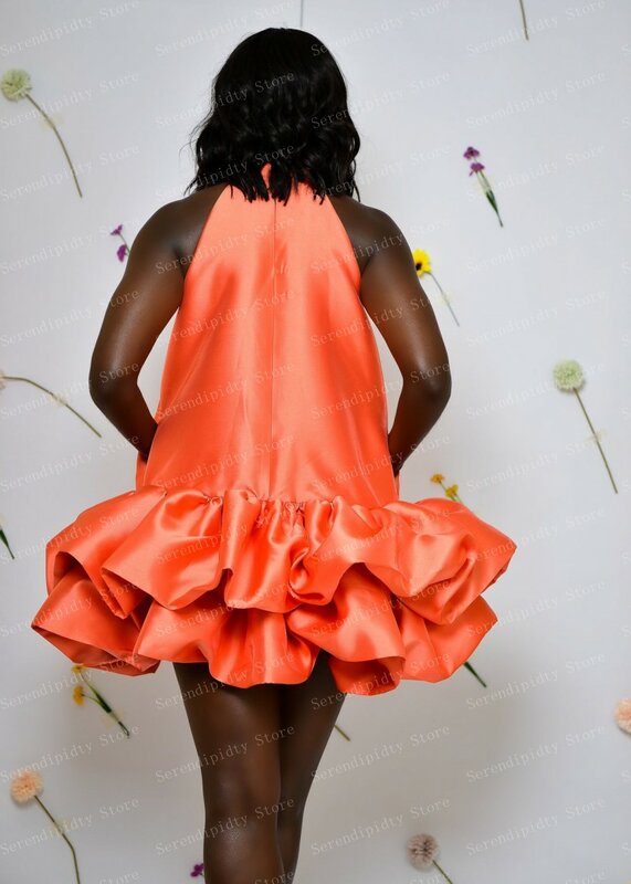 Vestido de cetim laranja halter feminino, em camadas babados Mini vestido de festa, roupas sem mangas, Custom Made Cacky