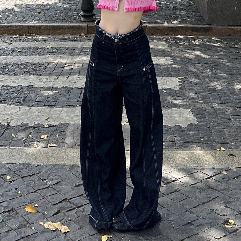Deeptown กางเกงยีนส์ผู้หญิงวินเทจ Y2k กางเกงขากว้างสไตล์ฮาราจูกุทรงหลวมเอวสูงกางเกงยีนส์ MODE Korea แนวสตรีทแวร์