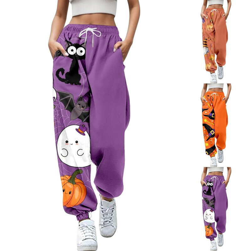 Pantaloni da jogging da donna pantaloni lunghi larghi moda pantaloni stampati gatto di Halloween autunno inverno pantaloni della tuta larghi muslimah