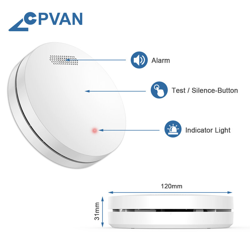CPVAN 무선 인터링크 연기 감지기, 밀폐형 10 년 배터리 포함, 433Mhz 상호 연결 연기 경보, 화재 센서 보호