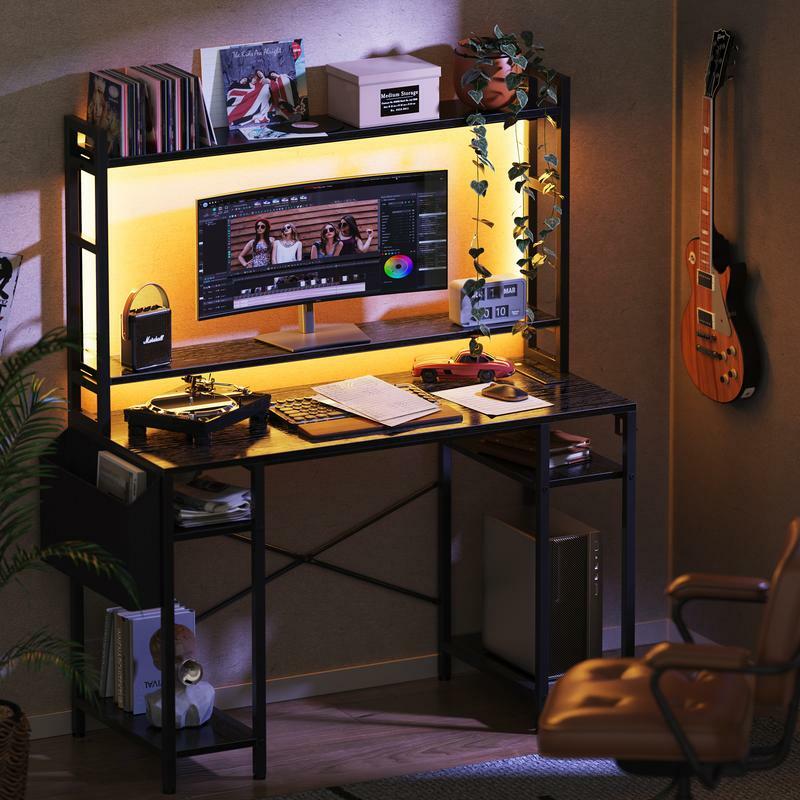 Biurko zewnętrzne z regulowanymi półkami, biurko do gier z liletami LED, biurko do pracy w domu z podstawa monitora, haczyki na podstawkę procesoru