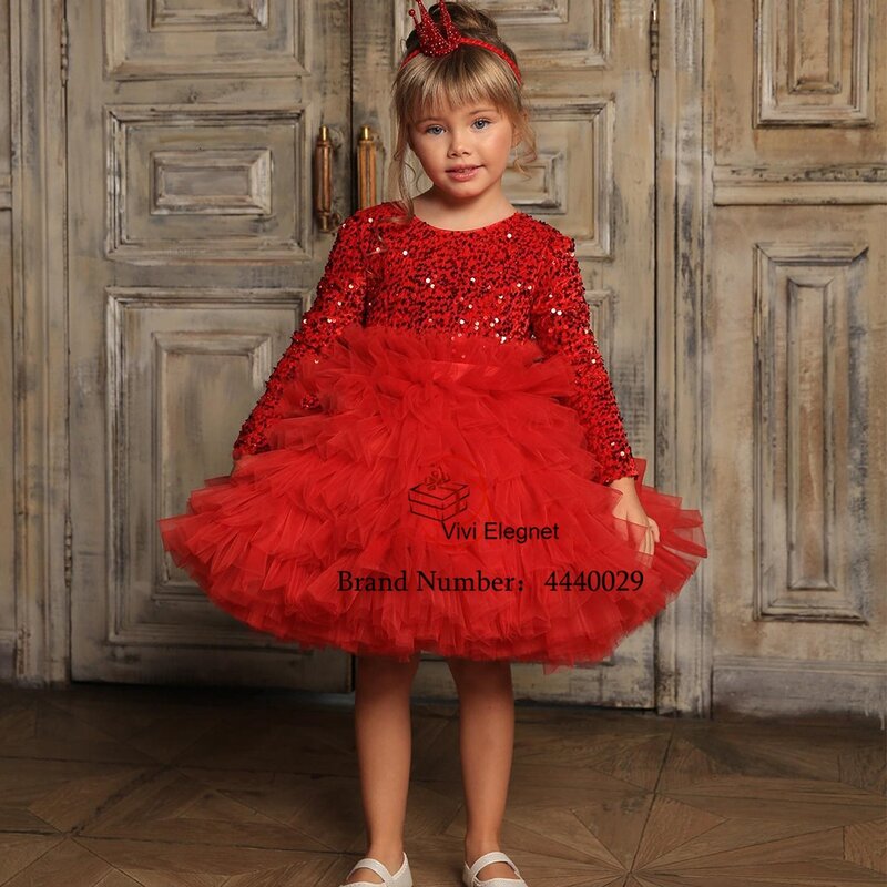 Burgundy Flower Girl Dresses for Christmas 2023 Scoop Soft Tulle Christmas Gown Summer Sequined New Full Sleeve فساتين بنات صغار