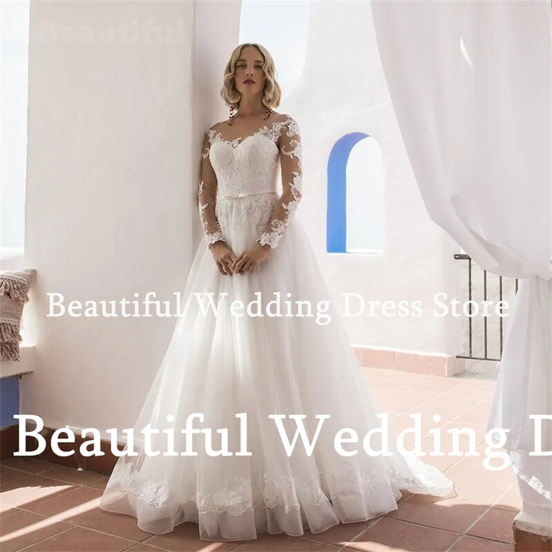Uroczy nowy suknia ślubna z okrągłym dekoltem z długim rękawem koronkowe aplikacje tiulowe o długości do podłogi na plażę suknia weselna 2024 przedsionka