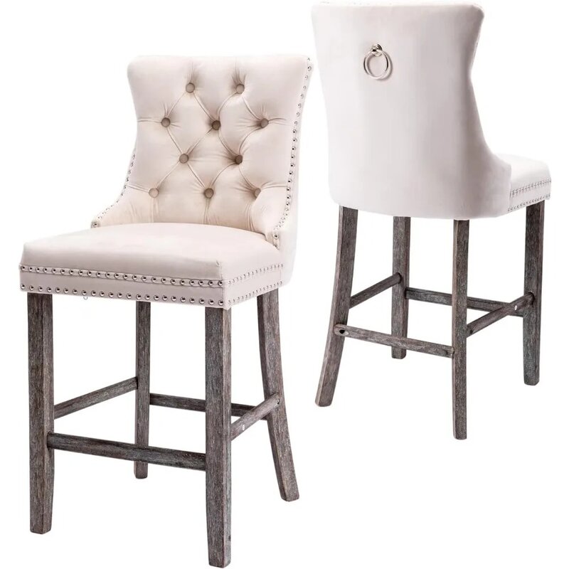 2つのバーと椅子のセット,ボタン付きの高さ,装飾的なネイルヘッドトリム,無垢材の脚と布張り,バーチェア