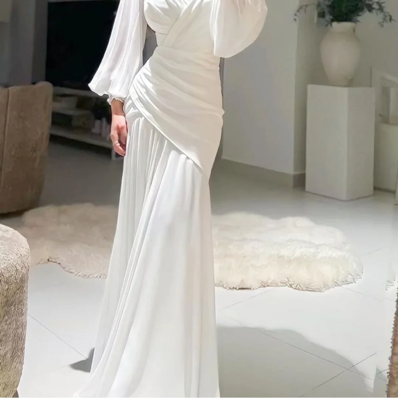 Floor-Length Prom Dresses V-Neck Full Sleeves White Grace Wedding Party Cross Wrinkle Zipper Up Girls Wedding Party Dress