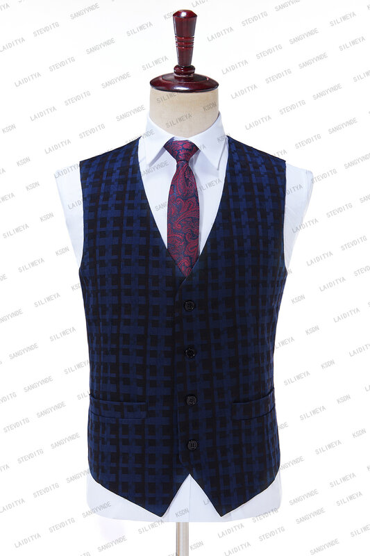 2023 New Blue Black Plaid Classic Pattern Men Suits 3 Piece Notched Lapel Casual Tuxedos for Wedding Groomsmen（Blazer+Vest+Pant）