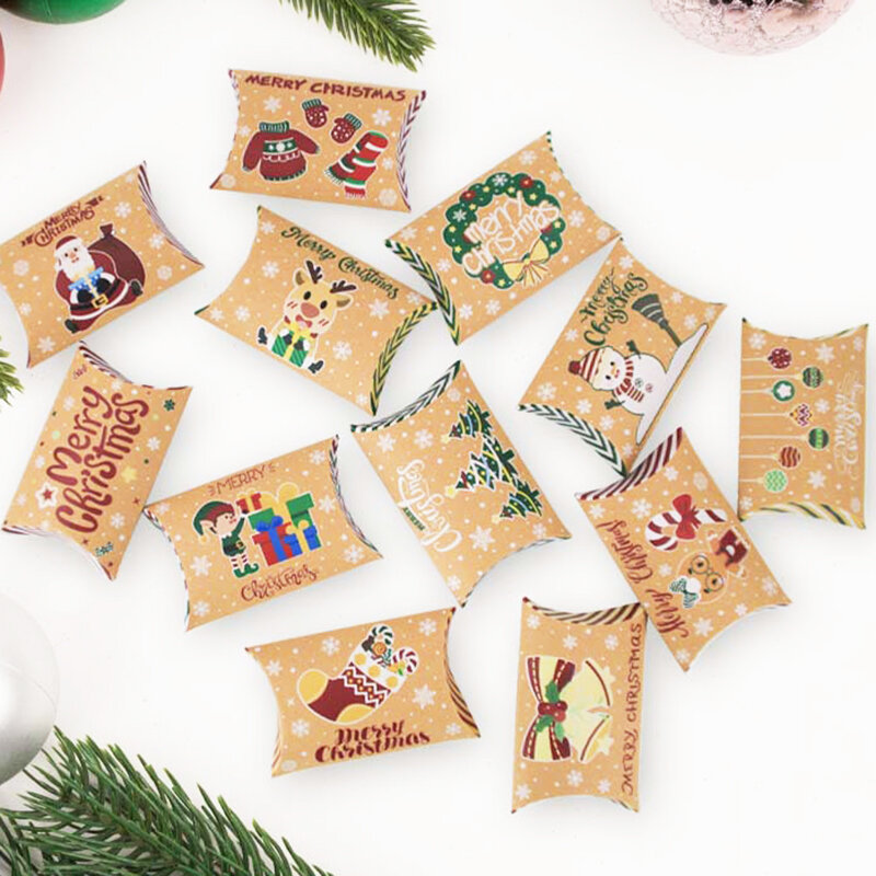 12pcs scatole di caramelle per cuscini natalizi decorazioni natalizie per la casa Navidad sacchetti di imballaggio per babbo natale di capodanno 2024 confezione regalo per bambini di natale