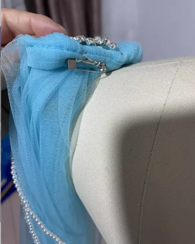 Duplo-ombro tule nupcial xale cristal pérola chainape véu igreja removível cauda do casamento capa véu capa personalizado