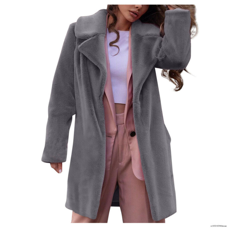 Casaco de pelúcia rosa longo feminino, sobretudo manga comprida, casaco de lã quente, casaco grosso, outwear extragrande, inverno