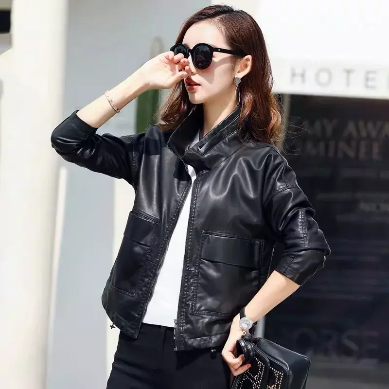 2023 Solid Fall Women Bike Coat Faux Leather Outwear Zipper Outfit primavera autunno Wome Fashion Short Pu black Female Jacket Coat