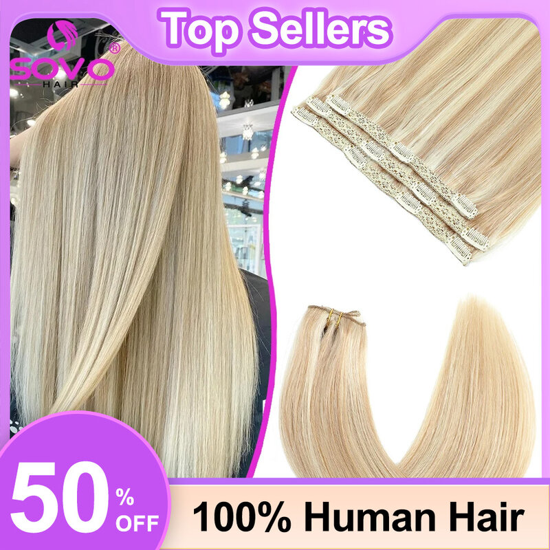SOVO Clip In Hair Extension s capelli umani 3 pezzi Bone Straight Clip Ins Hair Extension 60-90G Real Natural European Hair 12-26"