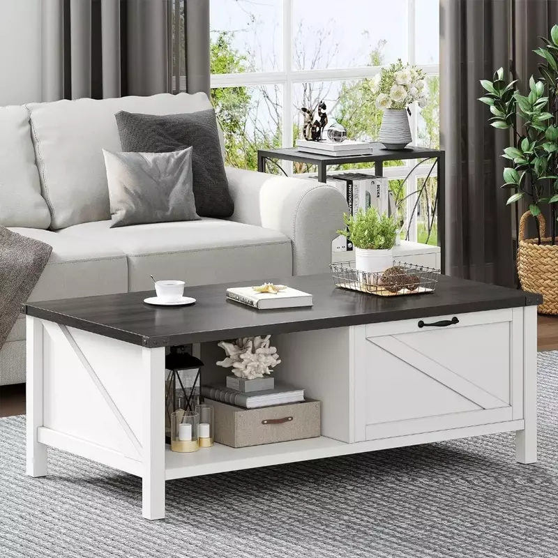Farmhouse Coffee Table Wooden Cocktail Table,with Cabinets and 2-Tier Storage Open Shelf,Home,White & Grey.