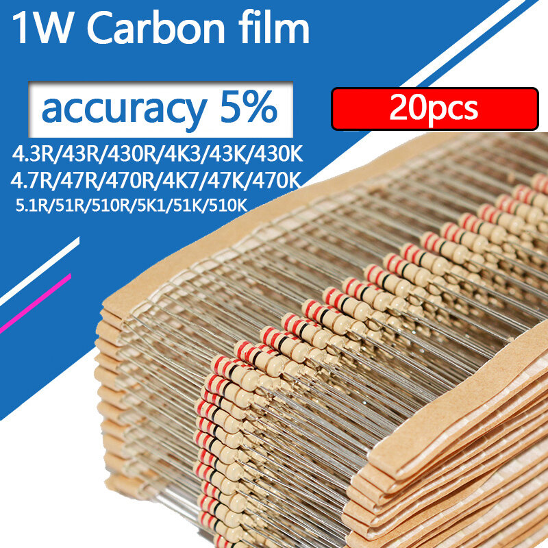 20pcs 1W Carbon Film Resistor 4.3 4.7 5.1 43 47 51 430 470 510 Ohm R K 5% Resistance 4R3 4R7 5R1 4.7K 5.1K 47R 470R 510R 0.1R-3M