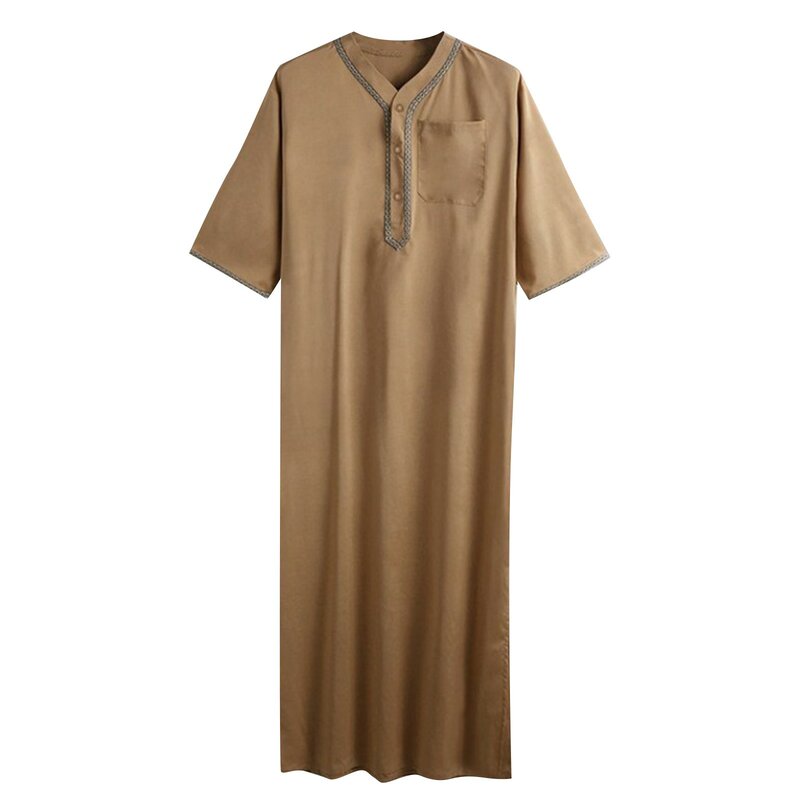 Летняя мужская одежда в мусульманском стиле, простой однотонный свободный халат с V-образным вырезом и пуговицами в стиле пэчворк, Повседневная универсальная прямая одежда Jubba Thobe