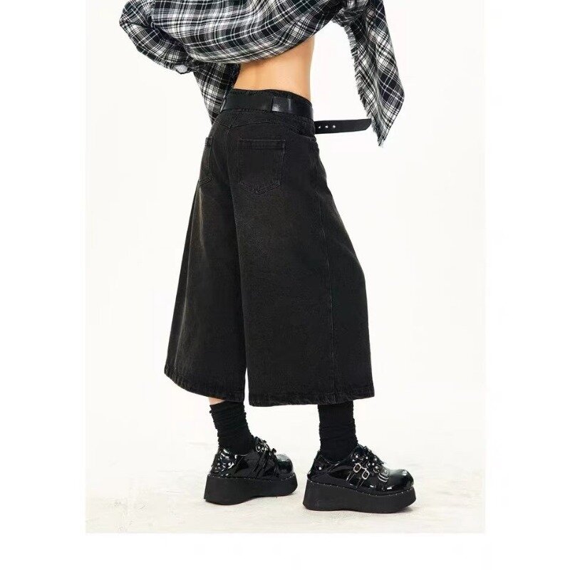 QWEEK-pantalones cortos de mezclilla holgados para mujer, ropa de calle informal, pantalones de mezclilla Vintage de gran tamaño, moda coreana de los años 90, color negro, Y2k