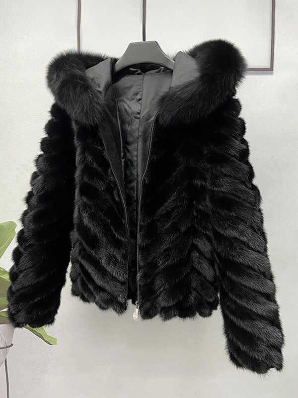 Women Real Mink Fur Jacket Women Zipper Short Coat Winter Natural Fur Mink With Fox Fur Hooded Womens Black Warm Coat Clothes