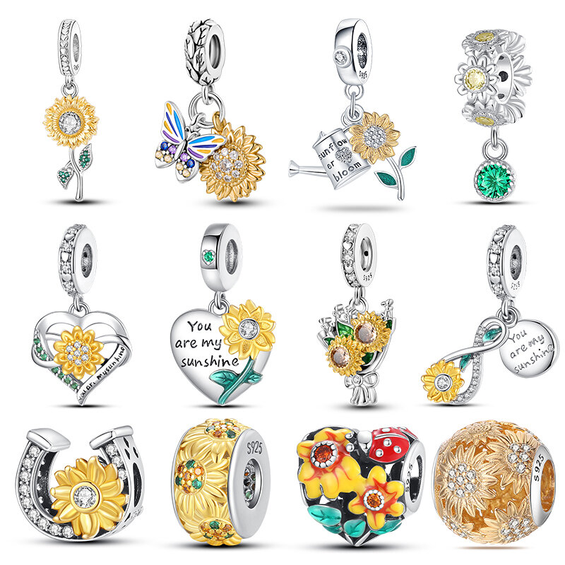 New 925 Sterling Silver Fashion Golden Sunflowers Heart Charms Beads Fit Pandora 925 Original Bracelets Luxury Party DIY Jewelry