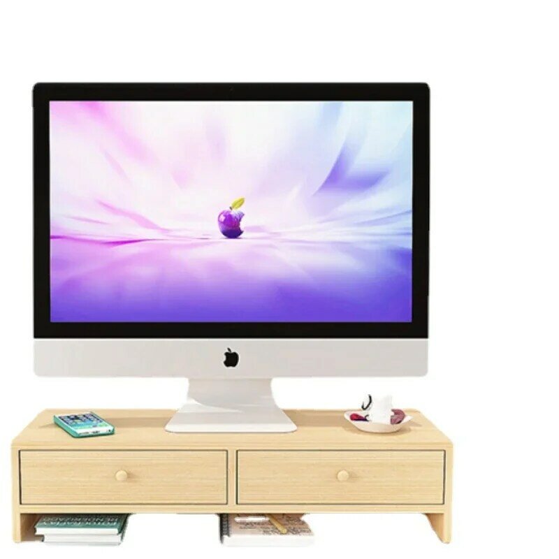 Monitor de ordenador LCD para oficina, soporte elevado de madera maciza, doble cajón, armario de almacenamiento, mesa de protección cervical