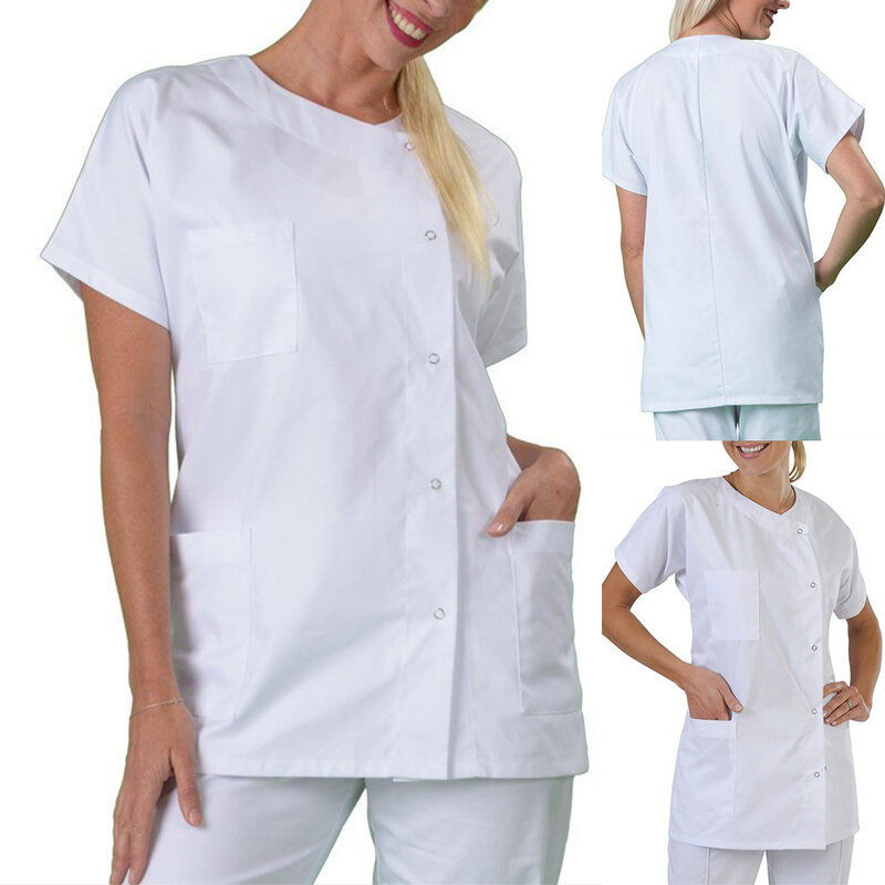 Women Work Uniform Ladies Man Collarless Short Sleeve Medical Dress Hospital Lab Coat Workwear Tops Loose Working Clothes